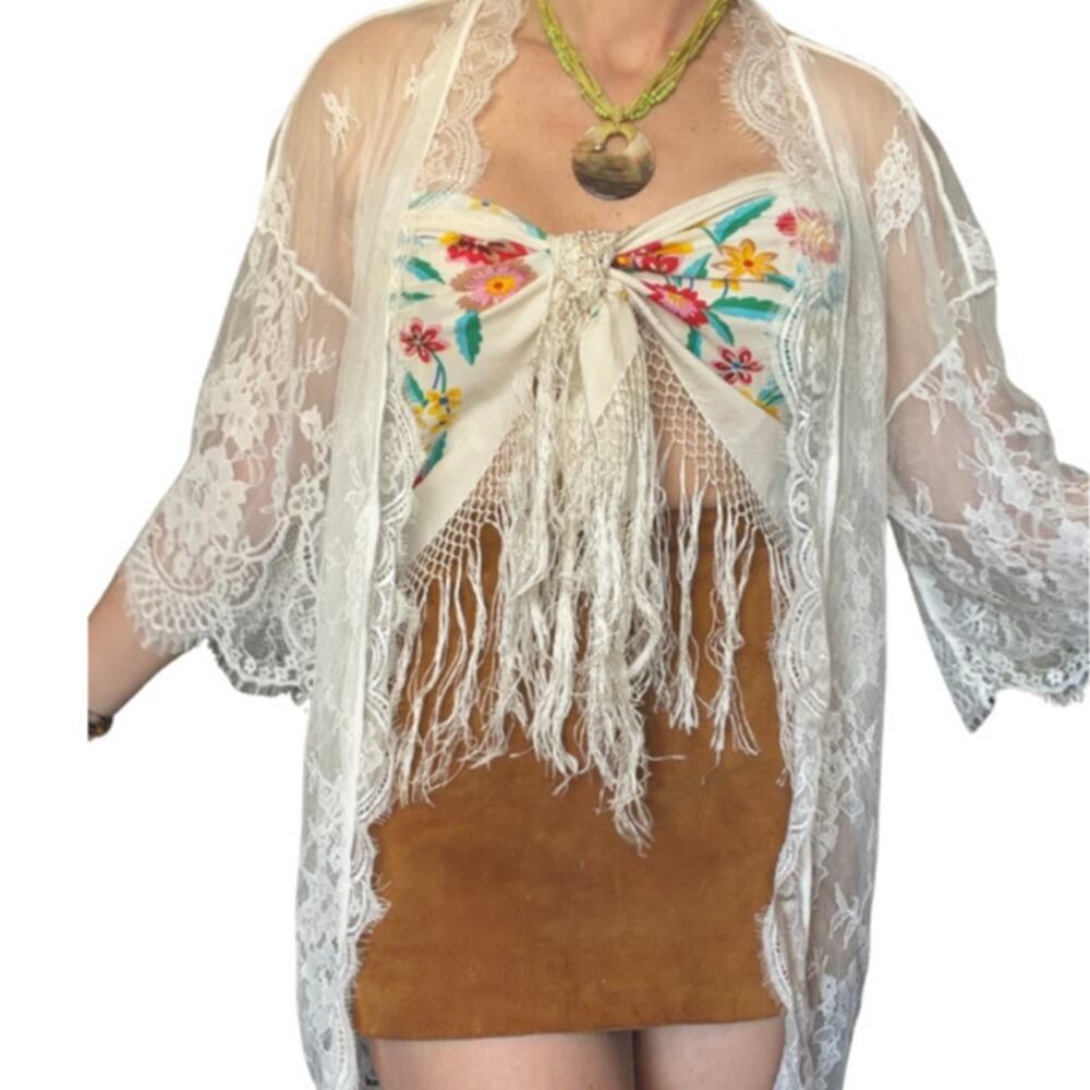white lace duster / sheer boho kimono / fairycore layering piece